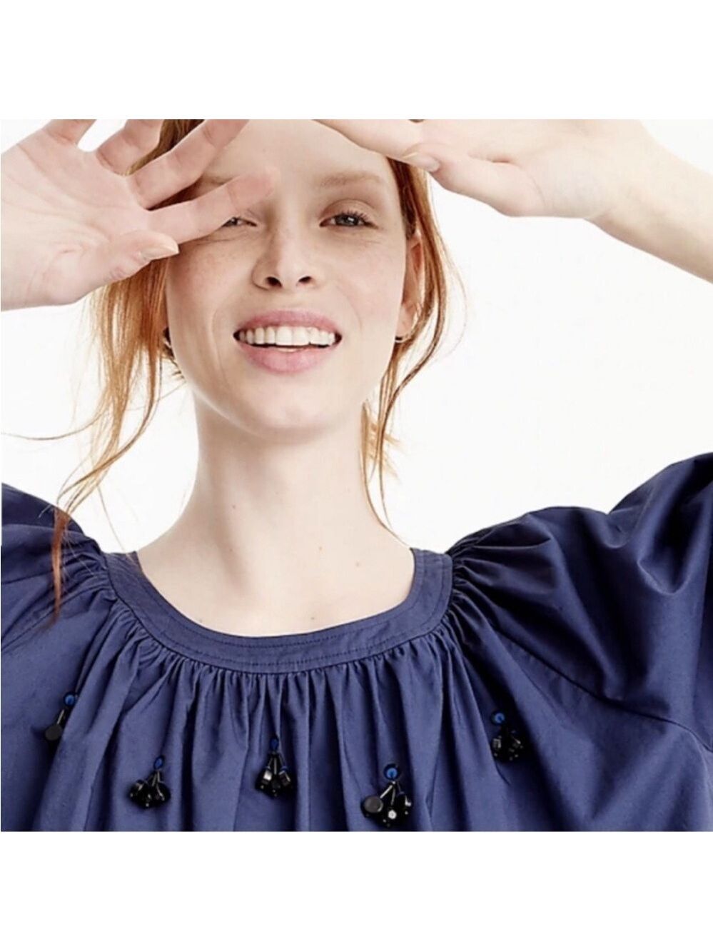 J. Crew Perfect Embellished Top blue 3/4 sleeve beaded puffed sleeves size S - Picture 3 of 16